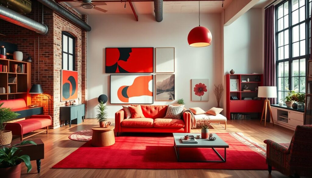 Grimiz u različitim stilovima: loft, pop art, skandi i etno