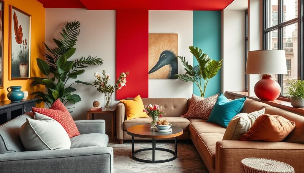 Kombinacije crvene sa žutom, zelenom, sivom i tirkiznom u enterijeru