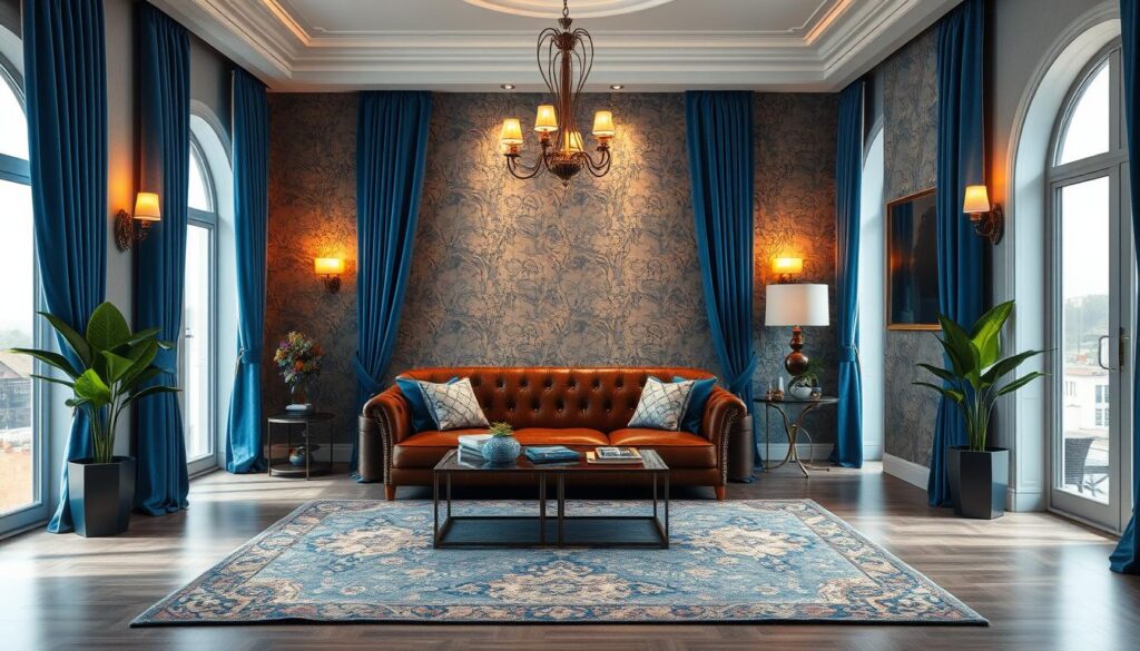 Plava i braon: luksuzna kombinacija sa tapetama i tekstilom
