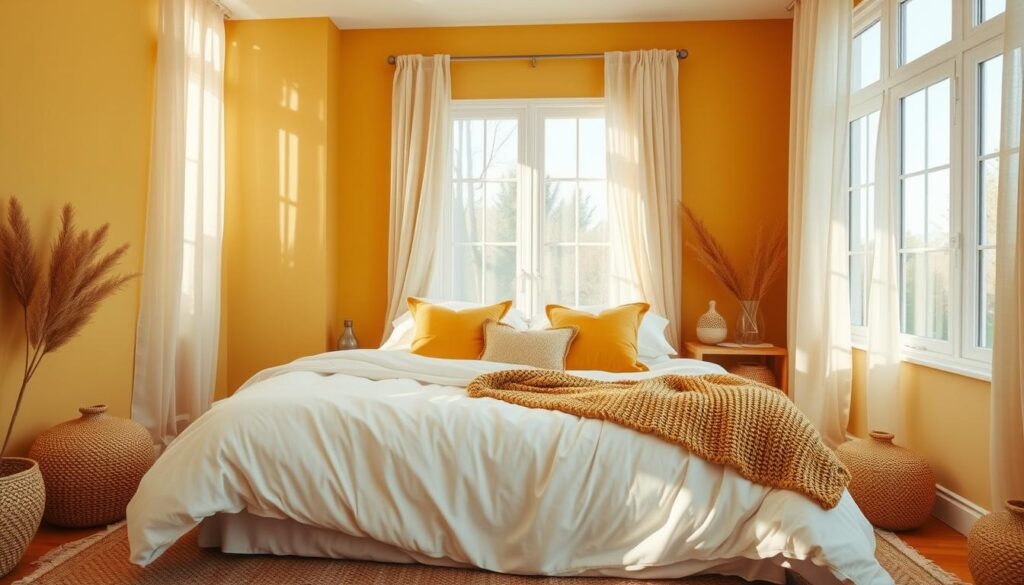 Spavaća soba: umirujuće pastelne i tople senf nijanse